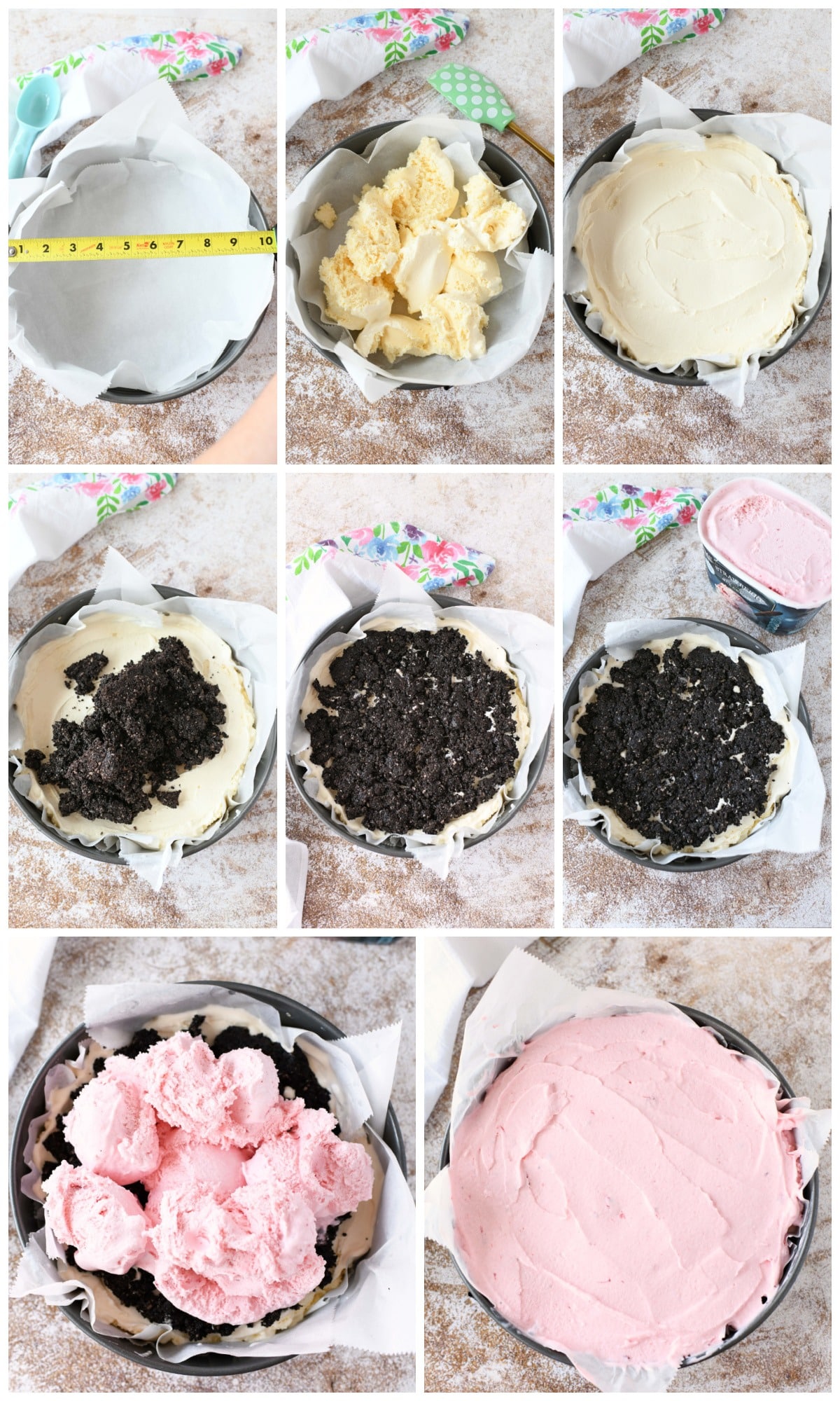 How to Make homemade ice cream cake recipe visual collage of making an ice cream cake.