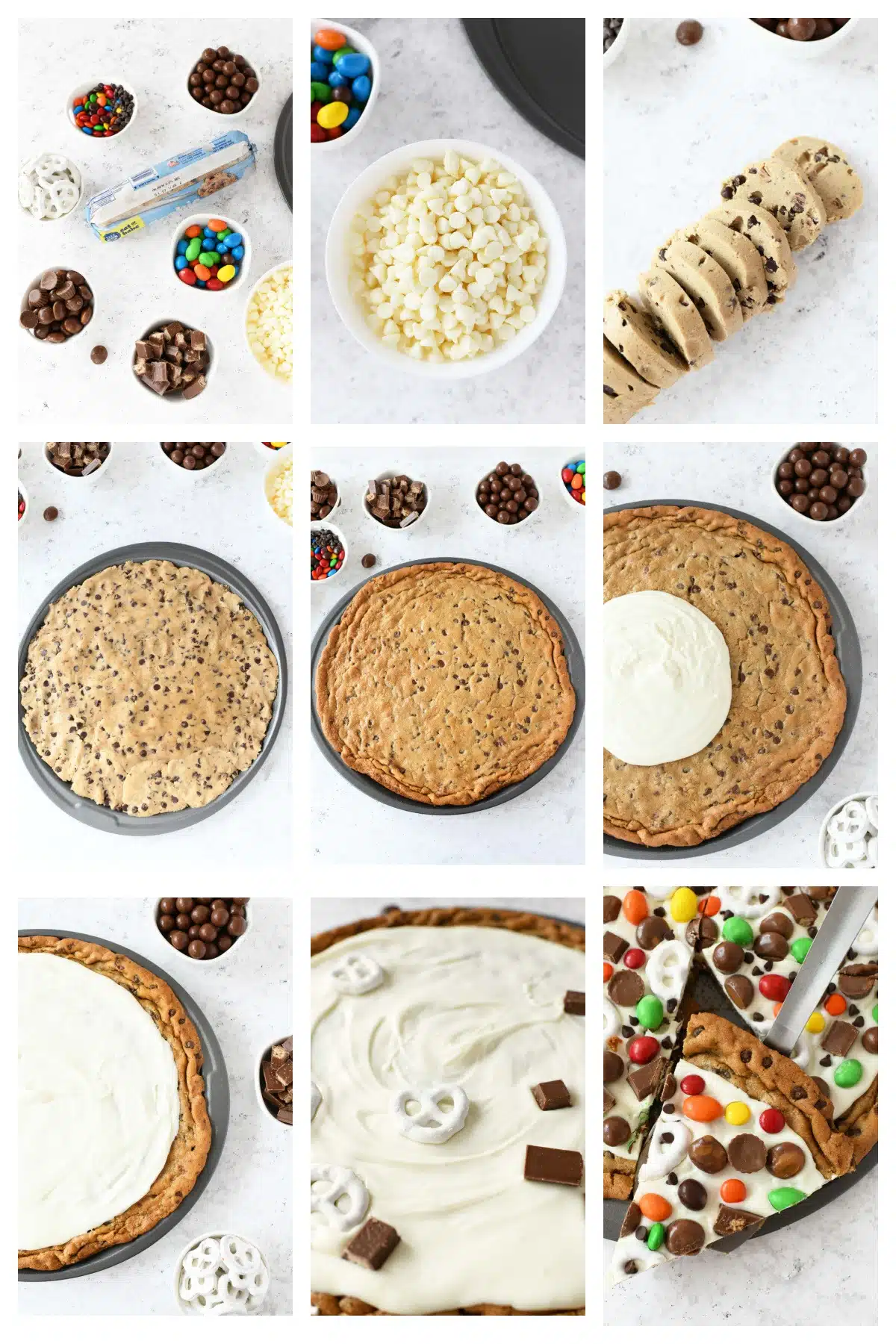 A nine block visual process grid showcasing how to make cookie candy pizza.