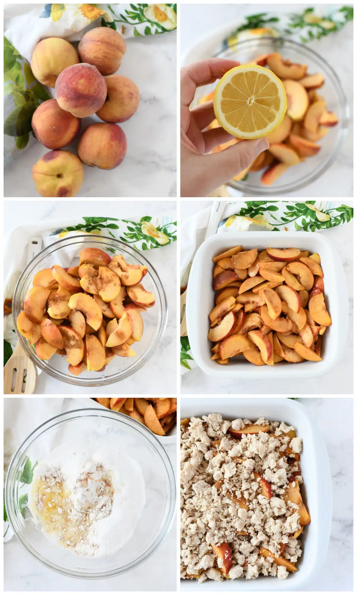 A collage of 6 images showcasing how to make peach crumble from start to finish.