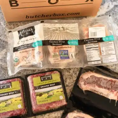 Inside a Beef Butcher Box with meat contents on a counter.