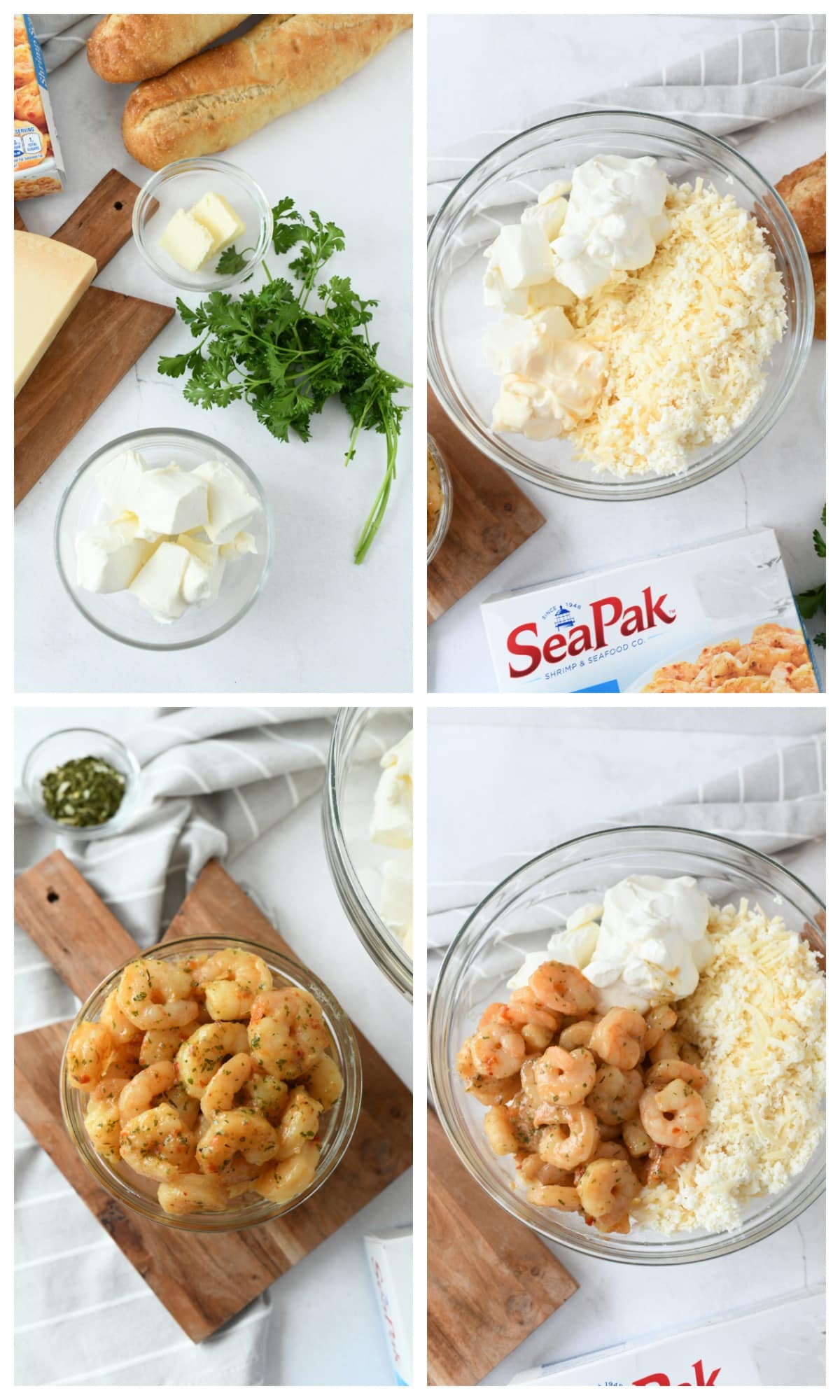 Shrimp scampi process collage showcasing the ingredients.