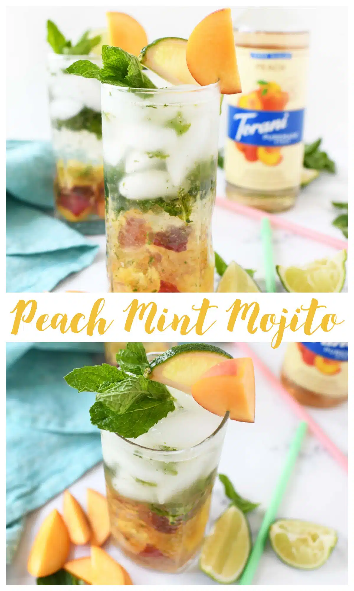 Peach mint mojitos on a table with a blue napkin.