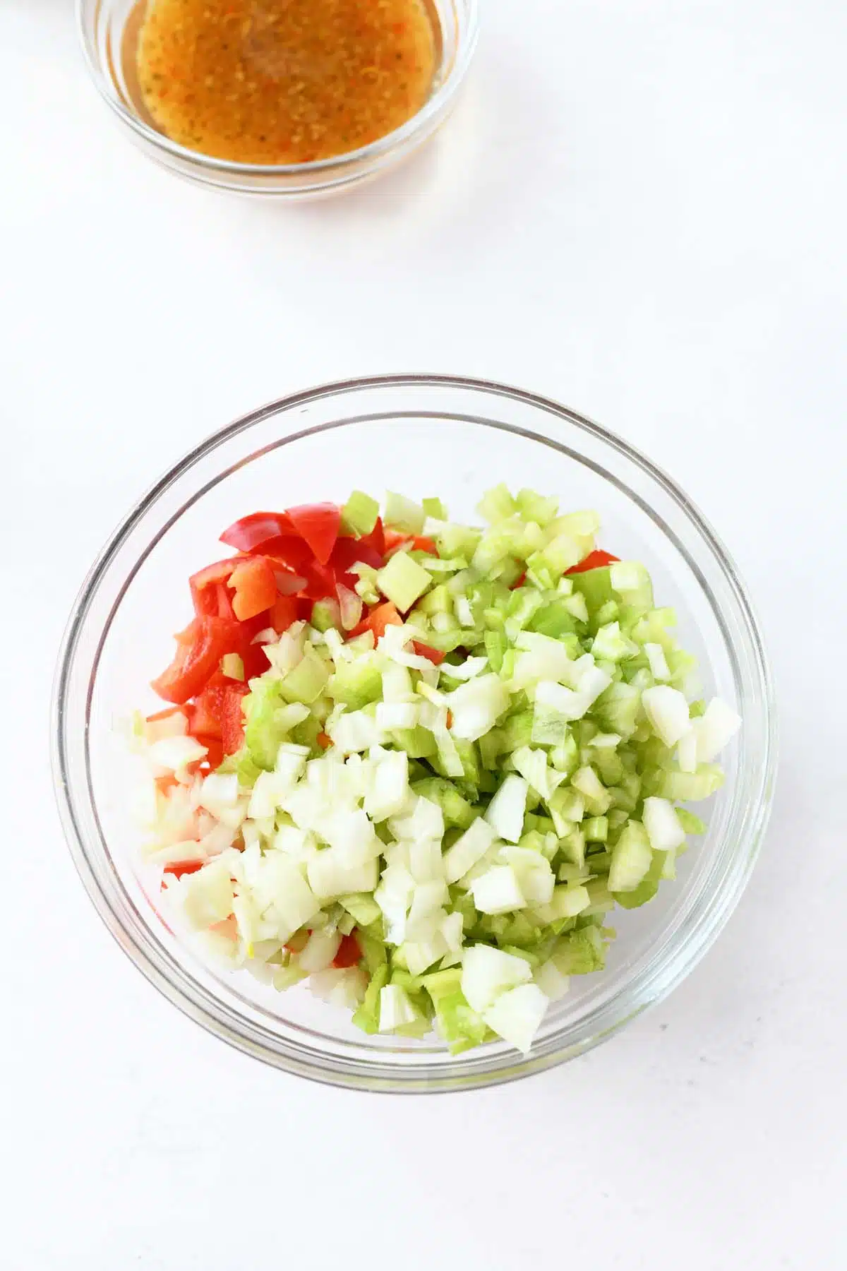 chopped vegetable in a glass bowl.