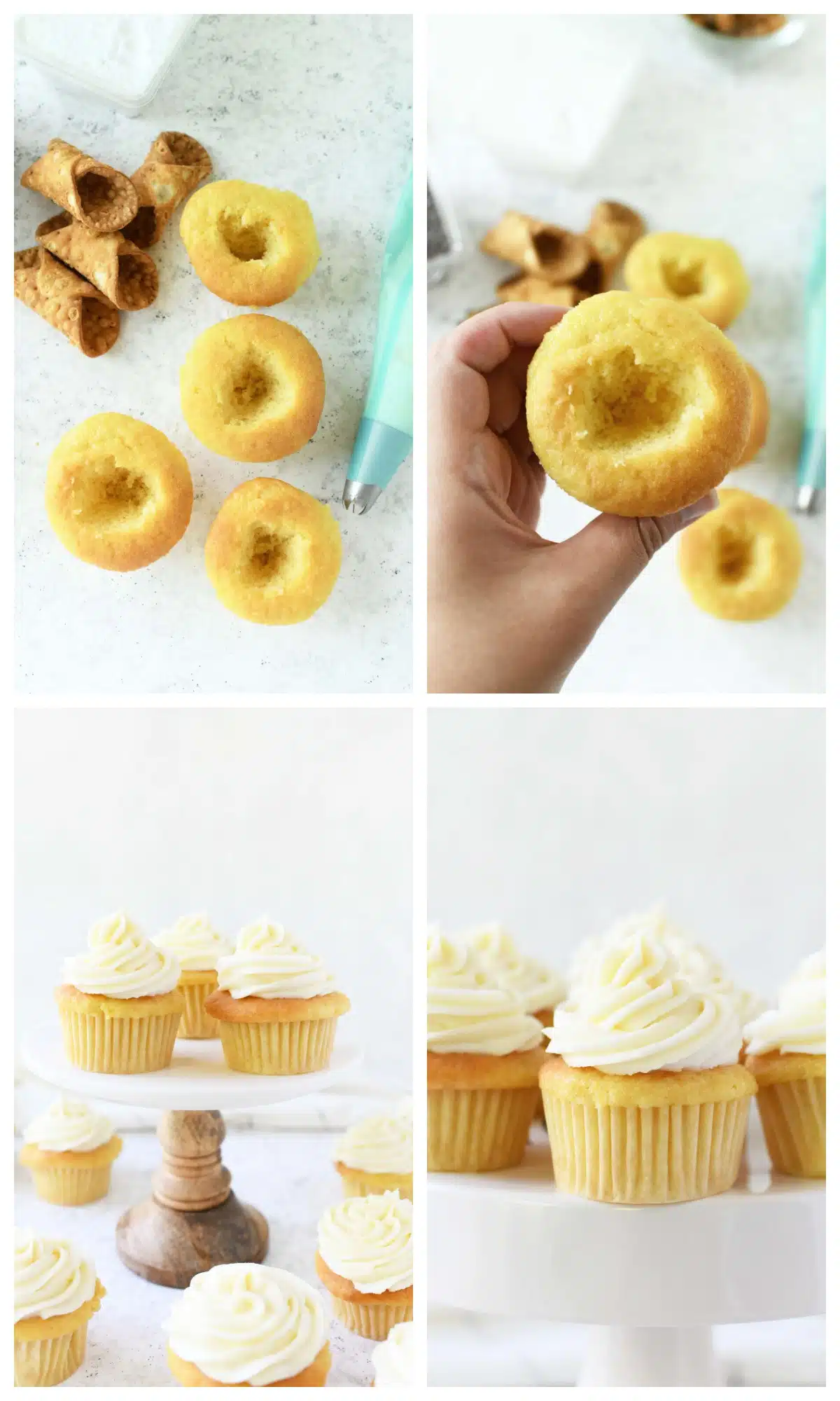 A four image collage showcasing how to make cannoli stuffed cupcakes.