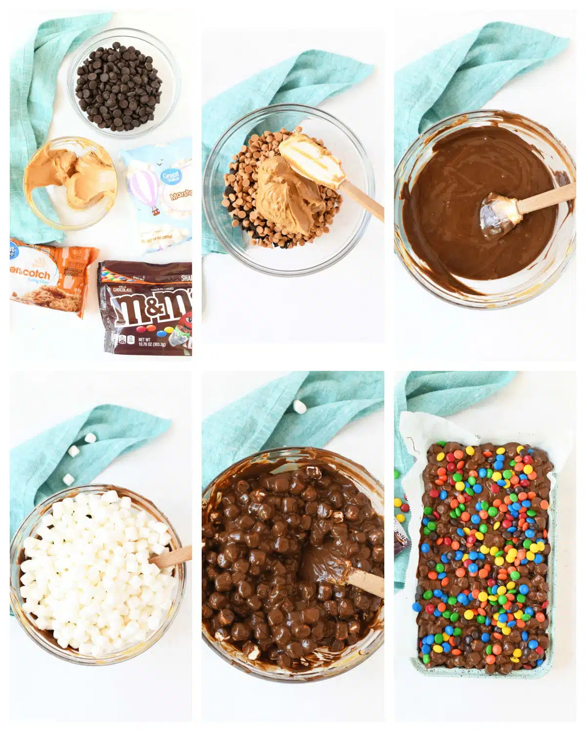 A nine image collage on the steps to make Marshmallow Dream Bars.