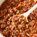 American Chop Suey in a large cast iron pot.