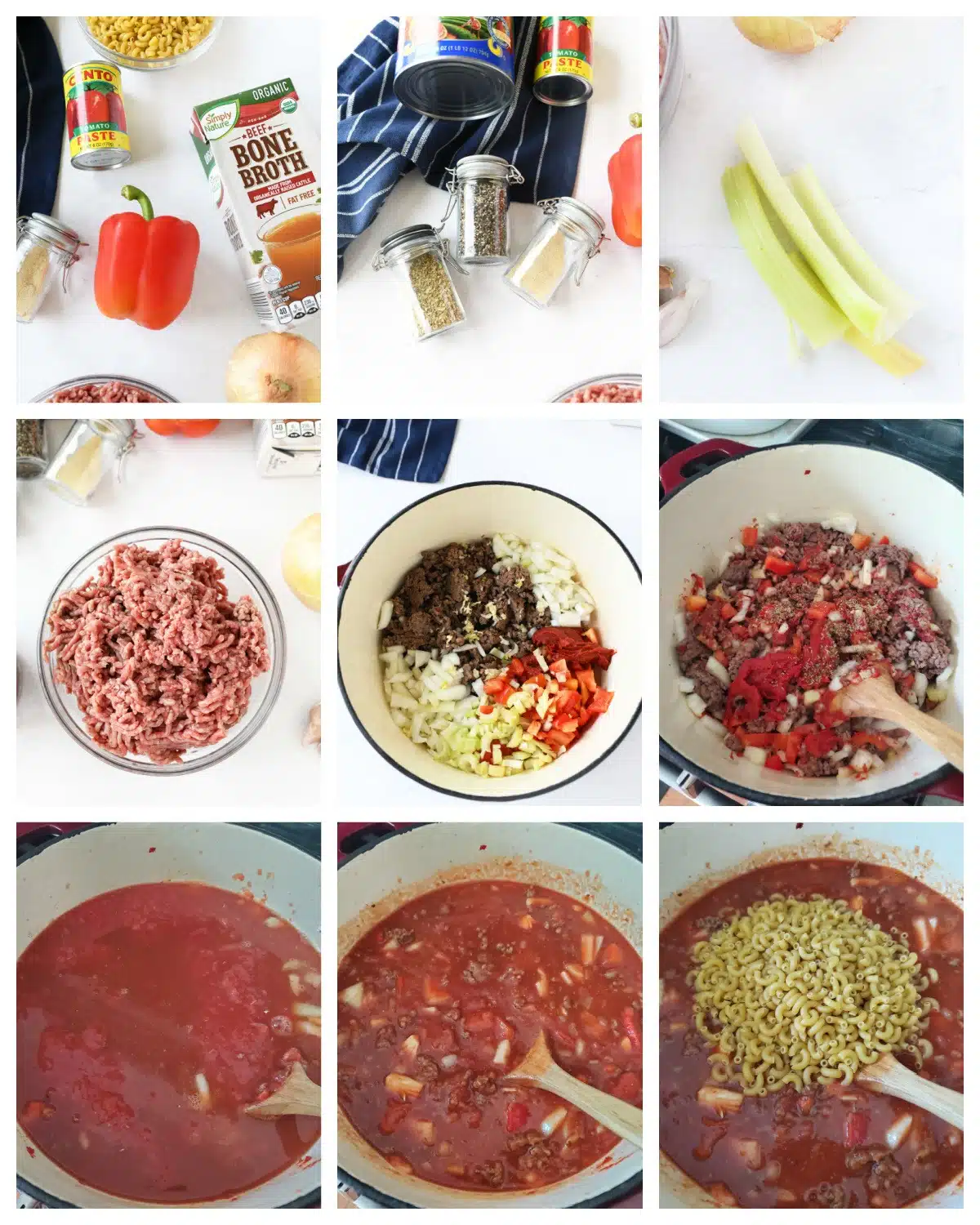 A nine block image collage on how to make American Chop Suey.
