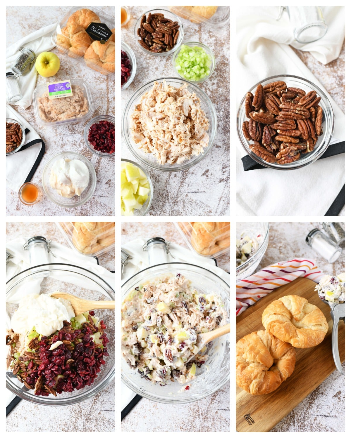A 6 image collage of the steps to make fall chicken salad.