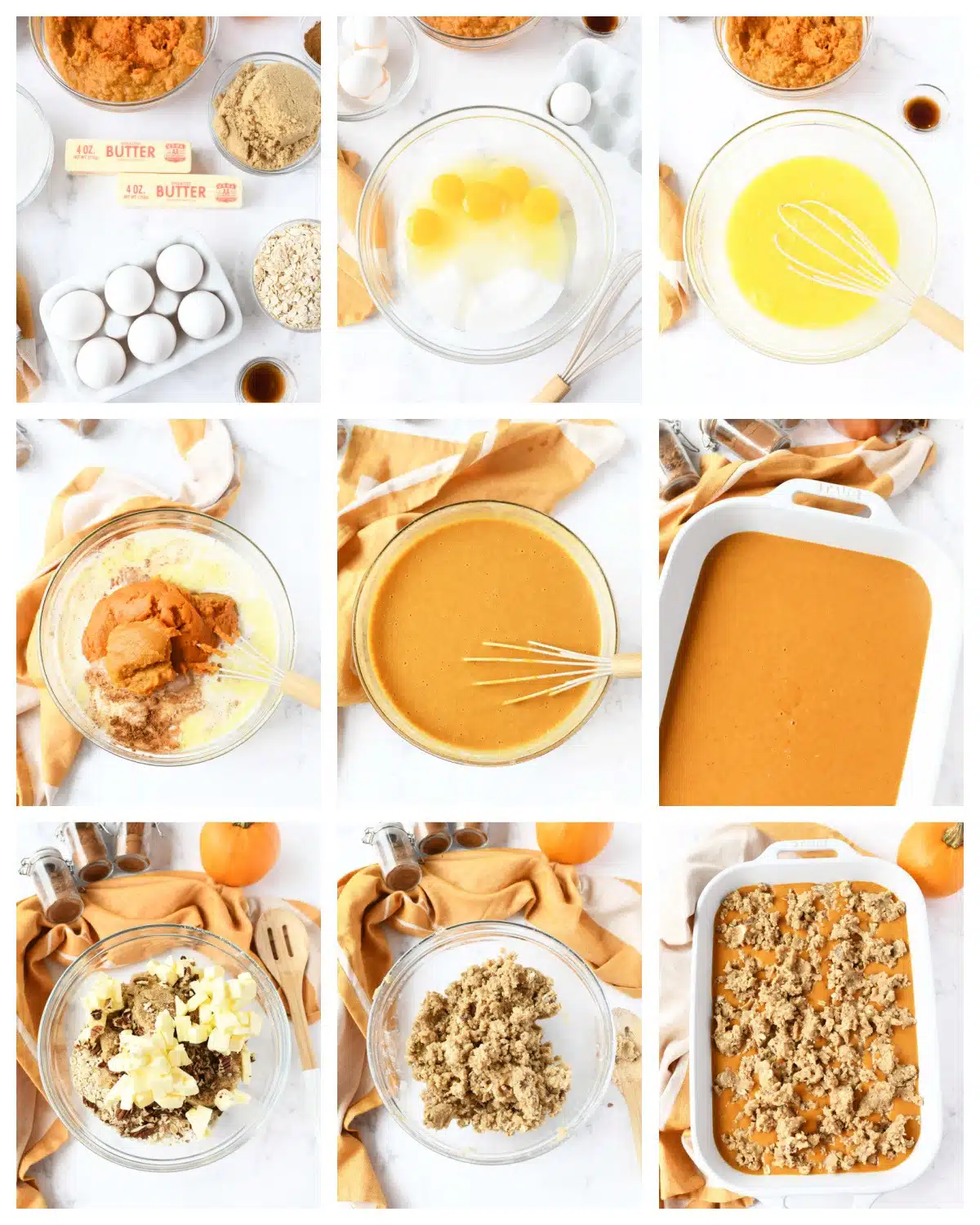 A nine image collage showing the steps to make pumpkin crisp.