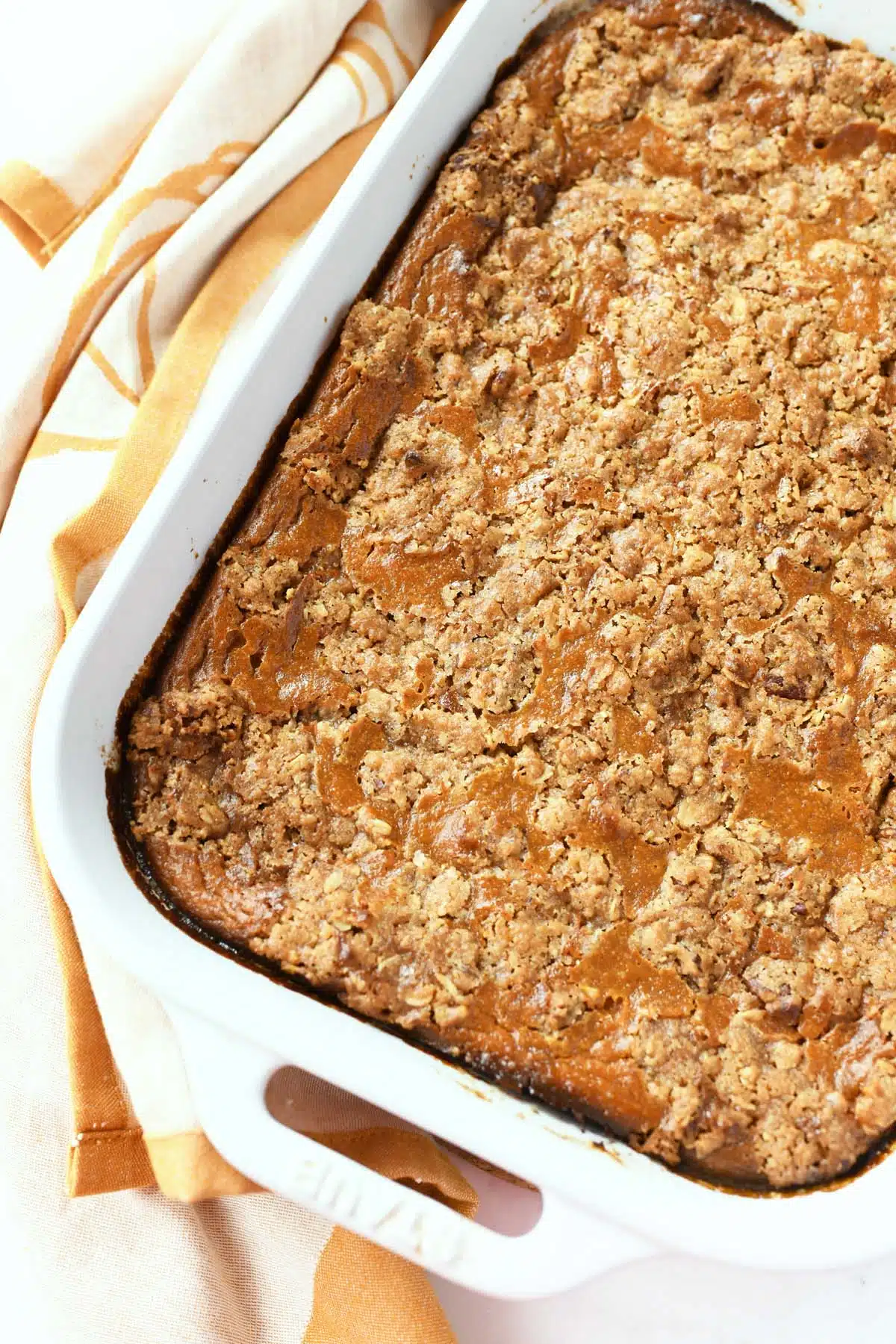 Pumpkin Crisp in a white pan.