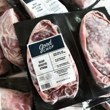 Good Chop Beef Ribeye Steaks frozen on a table from Good Chop.