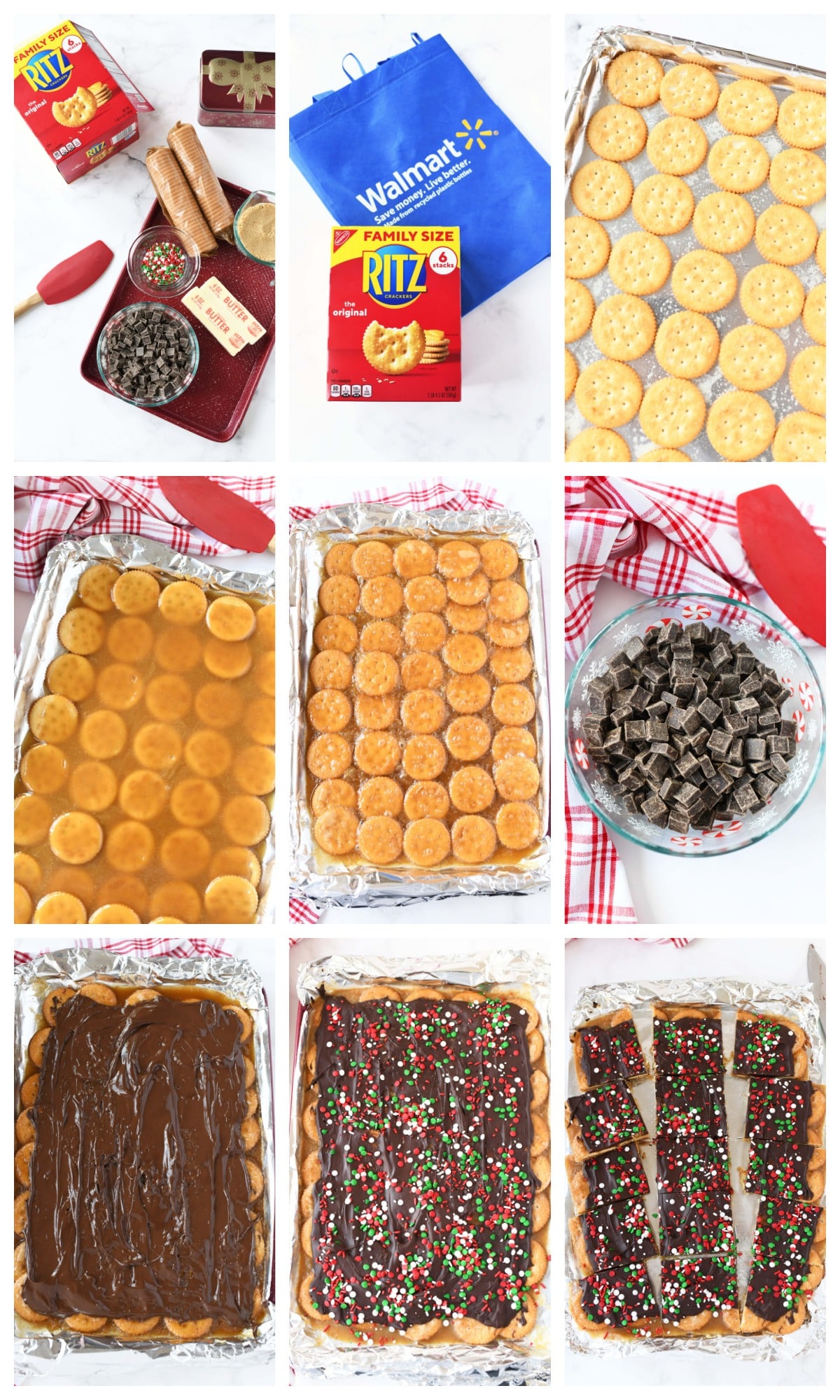 A nine image collage showing how to make Ritz cracker toffee.