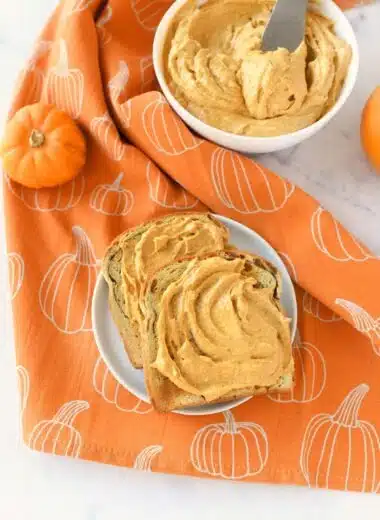 Pumpkin cream cheese on raisin toast.
