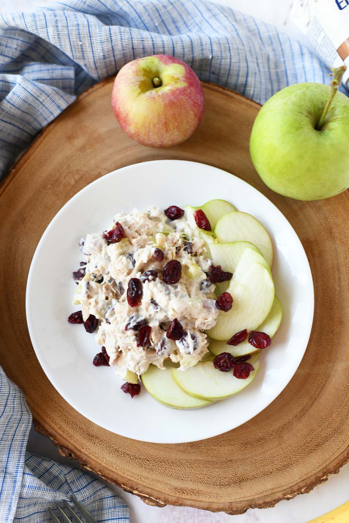 Tuna salad with apples on a white plate.