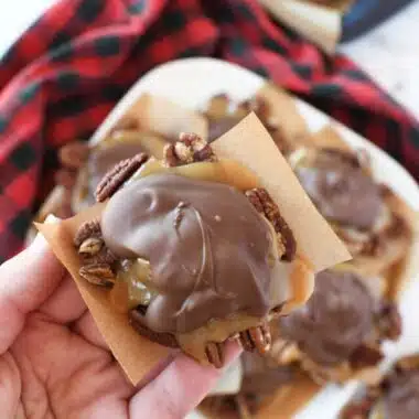 Turtle candy on a small piece of parchment paper.