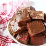 Chocolate Cherry Fudge recipe near a red plaid napkin.