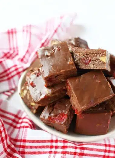 Chocolate Cherry Fudge recipe near a red plaid napkin.