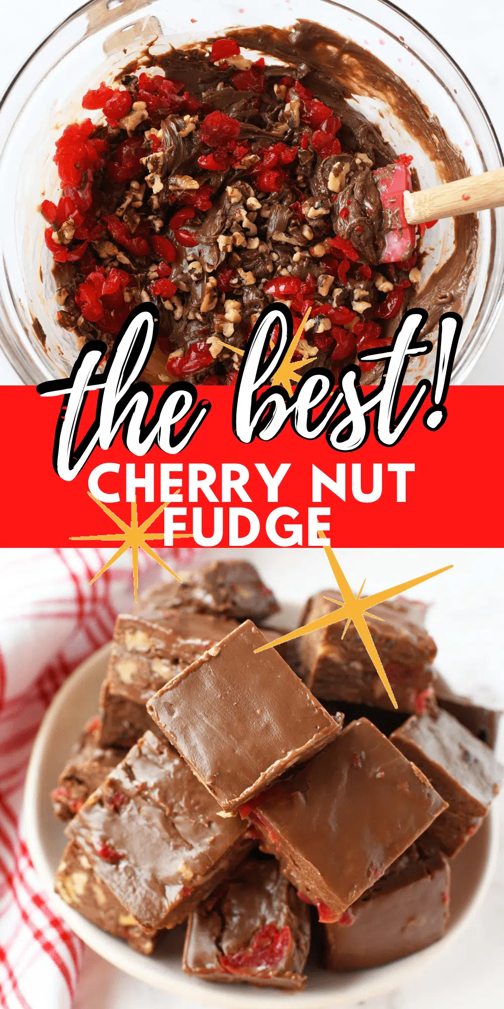 Cherry nut fudge ingredients and fudge cubes.