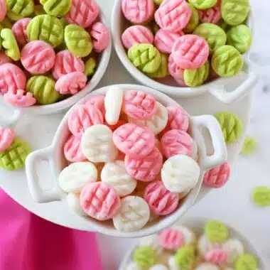 Cream Cheese Christmas Mints in small white dishes.