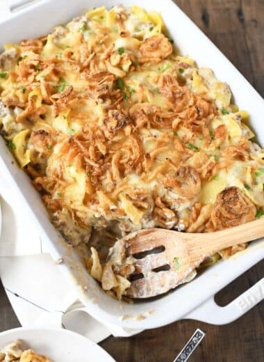 French Onion beef casserole in a white dish.
