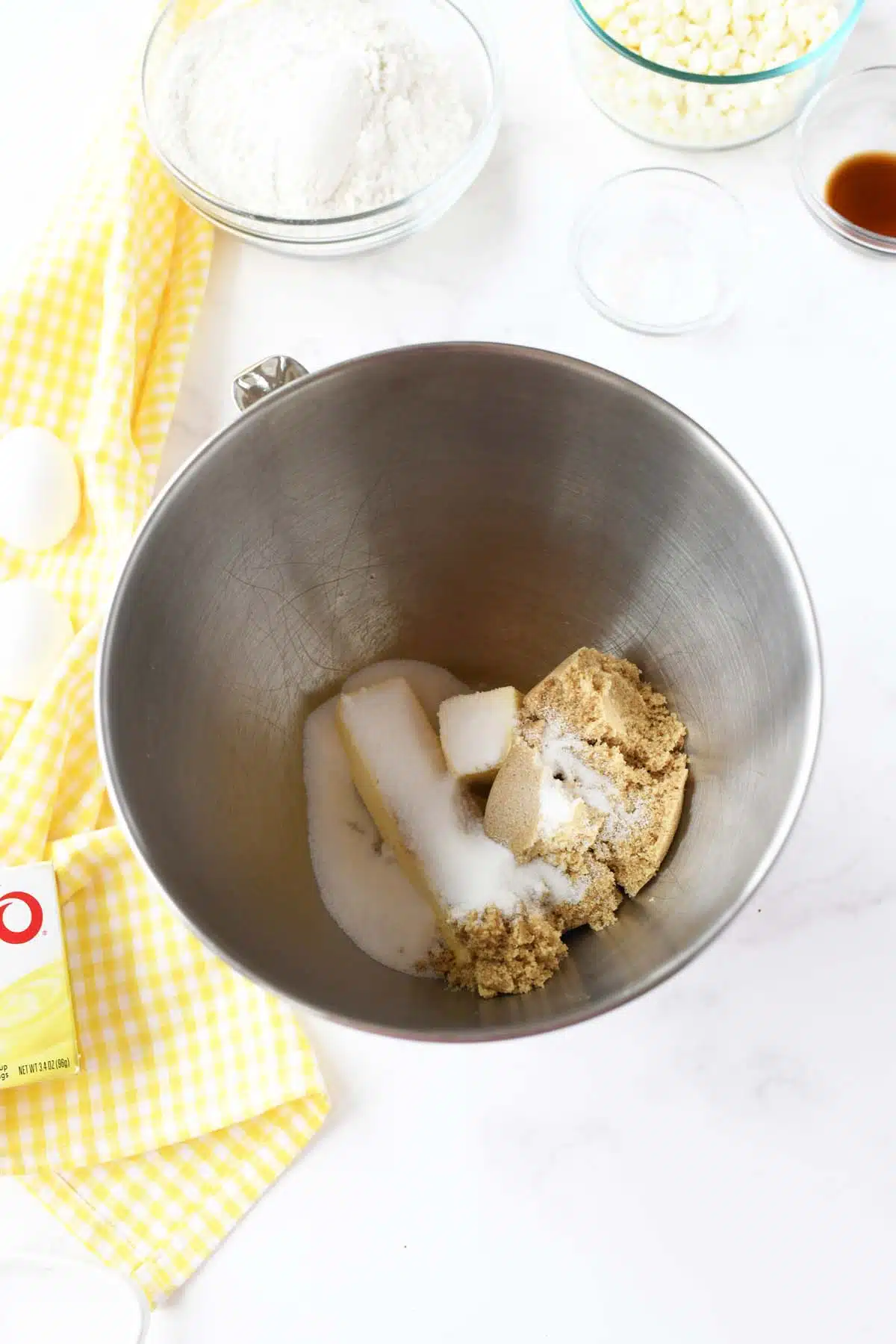 Butter and sugars in a stand mixer.