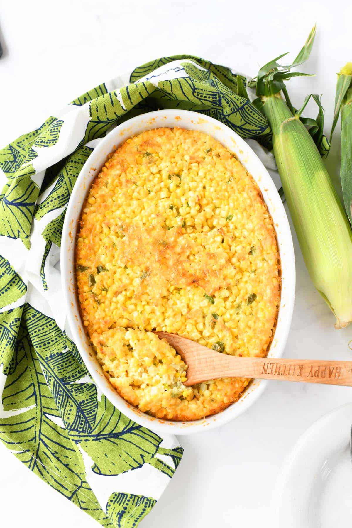 Jalapeno Corn Pudding with a spoon in it.