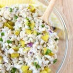 Tuna pasta salad with dill pickles.