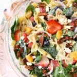 Strawberry Fields pasta salad in a glass bowl.