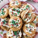 A festive plate of white, red, and green peanut butter cookies.