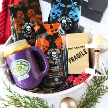 Death Wish Coffee Christmas Gift Basket with green.