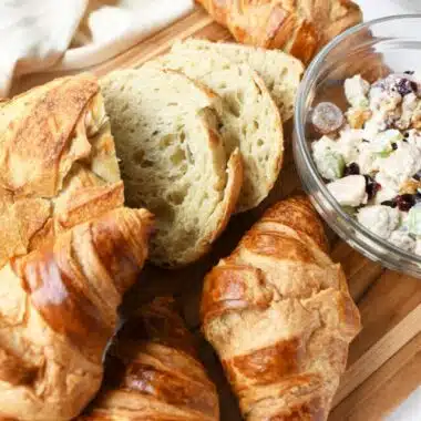 Baked fresh bread and croissants with chicken salad.