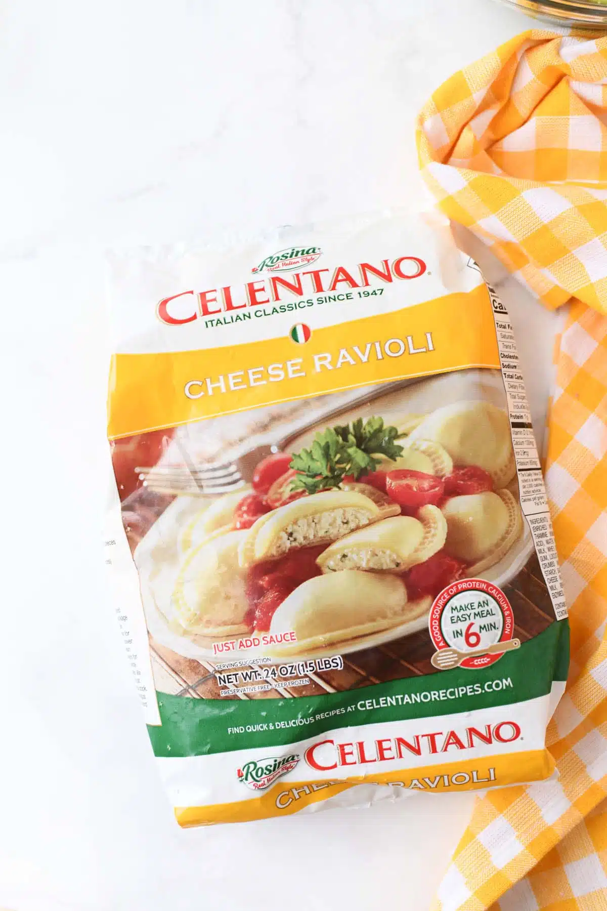 A bag of Celentano Cheese Ravioli with a yellow napkin.