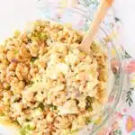 Deviled eggs pasta salad in a glass bowl.
