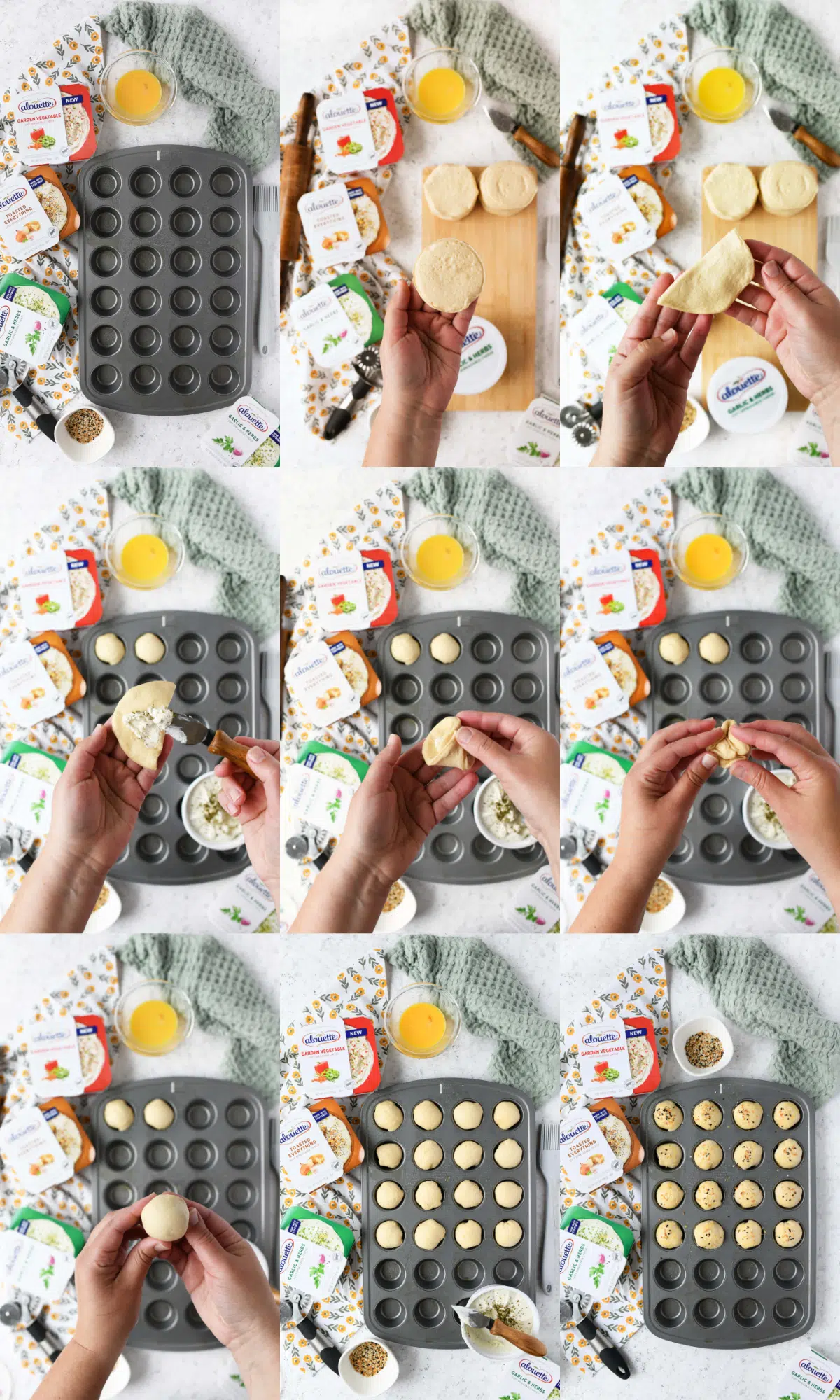 A 9 image collage of how to make mini biscuit bites.