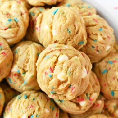 A close up shot of patriotic sprinkle cookies.