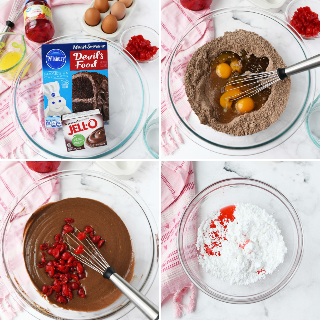 A four picture collage of the ingredients and steps to making a chocolate cherry cake.