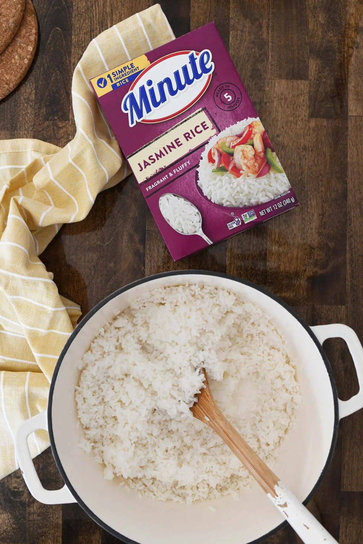A white pan of fluffy, white rice.