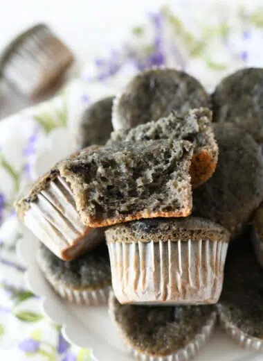 A halved blueberry pie muffin.