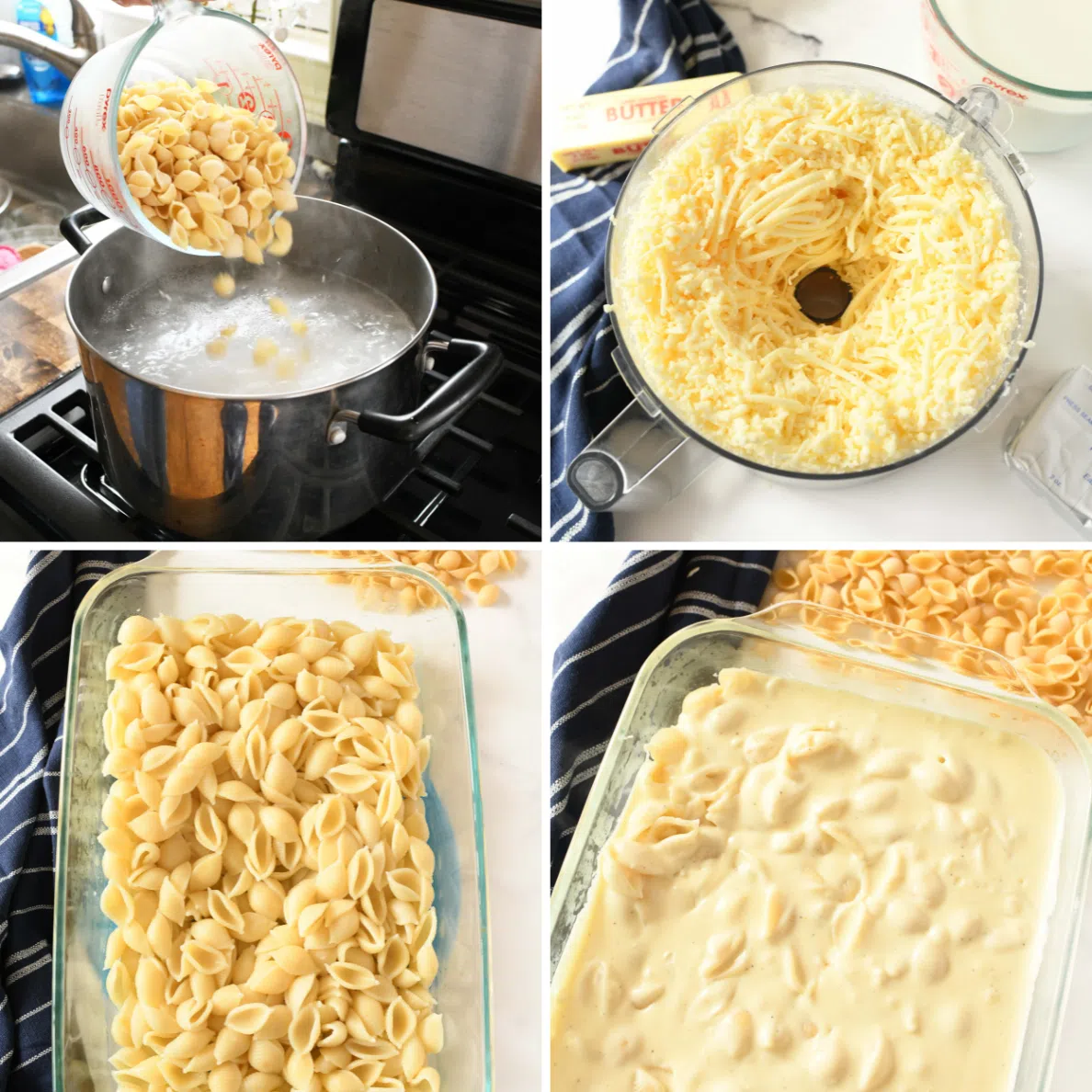 A four-image grid of making macaroni and cheese shells.