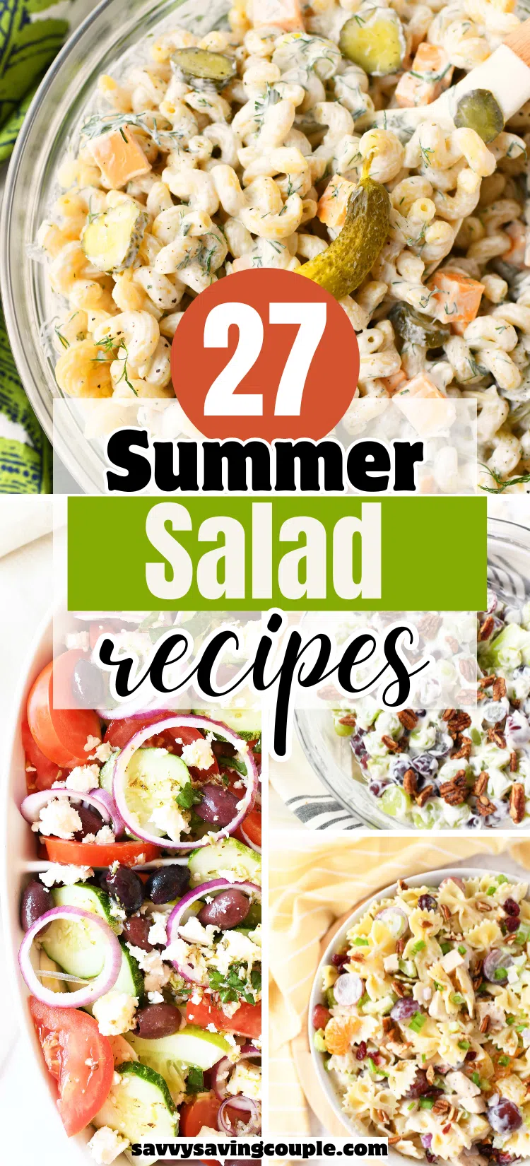 a pinterest image that contains text: 27 summer salad recipes with images of salads.