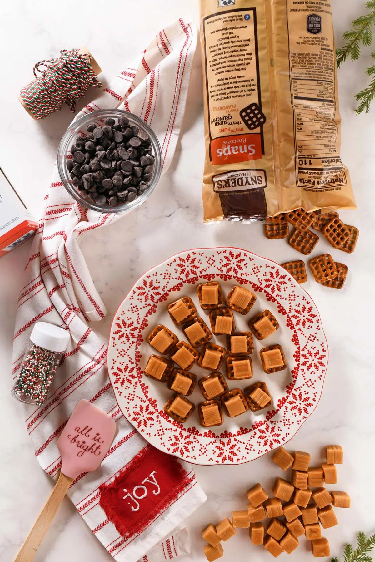 Caramel Pretzels on a holiday pattern plate.