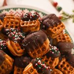 Pretzel Caramel Bites on a holiday plate.