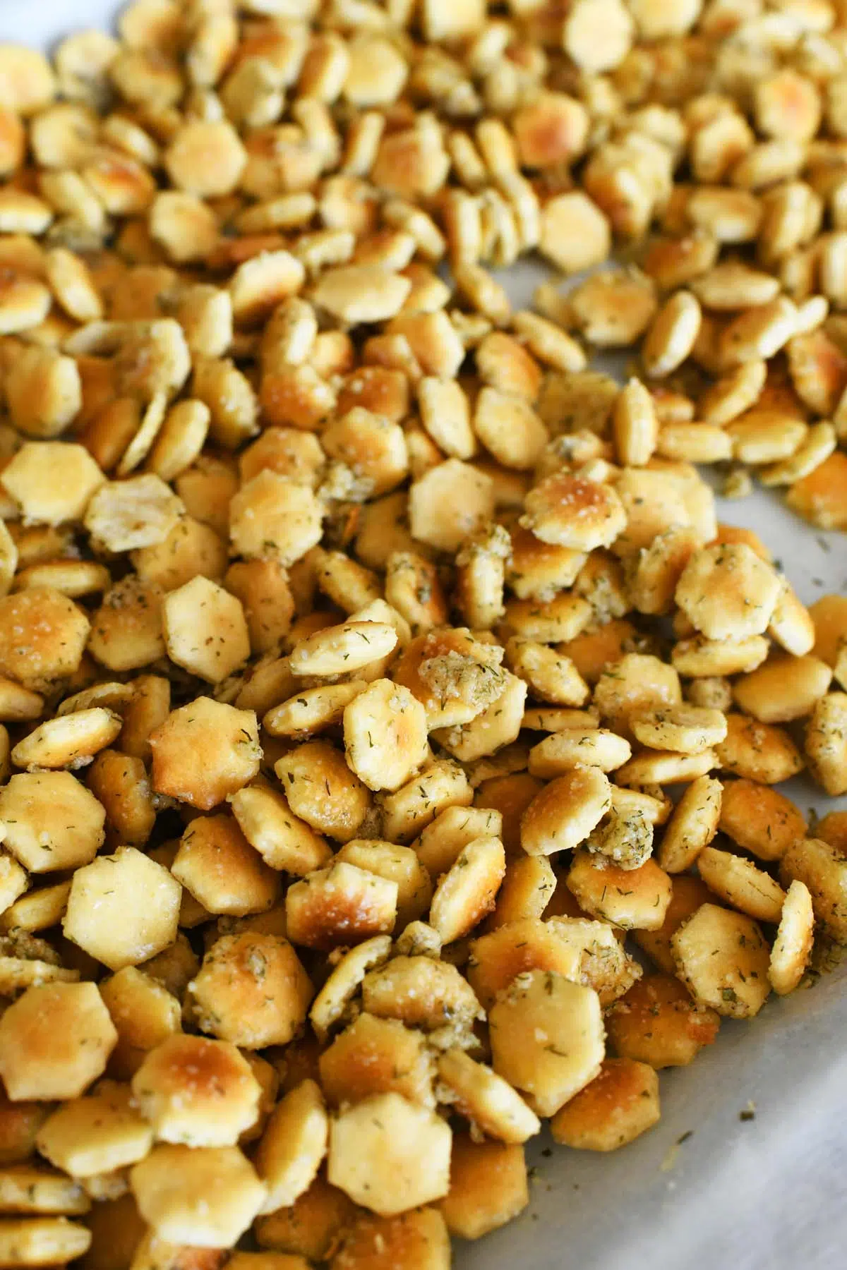 Golden-brown, buttered and seasoned oyster crackers.