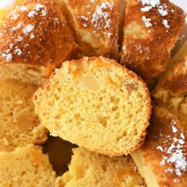 Up close shot of fruit cocktail bundt cake.