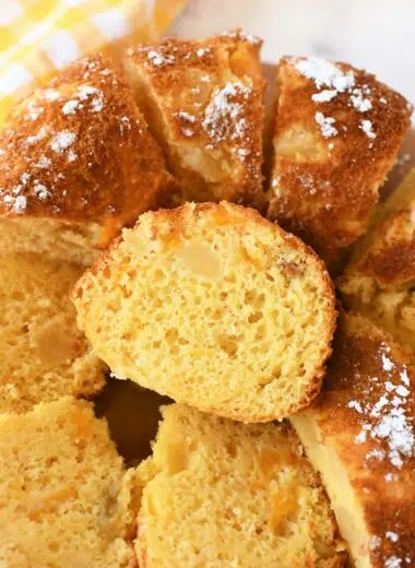 Up close shot of fruit cocktail bundt cake.