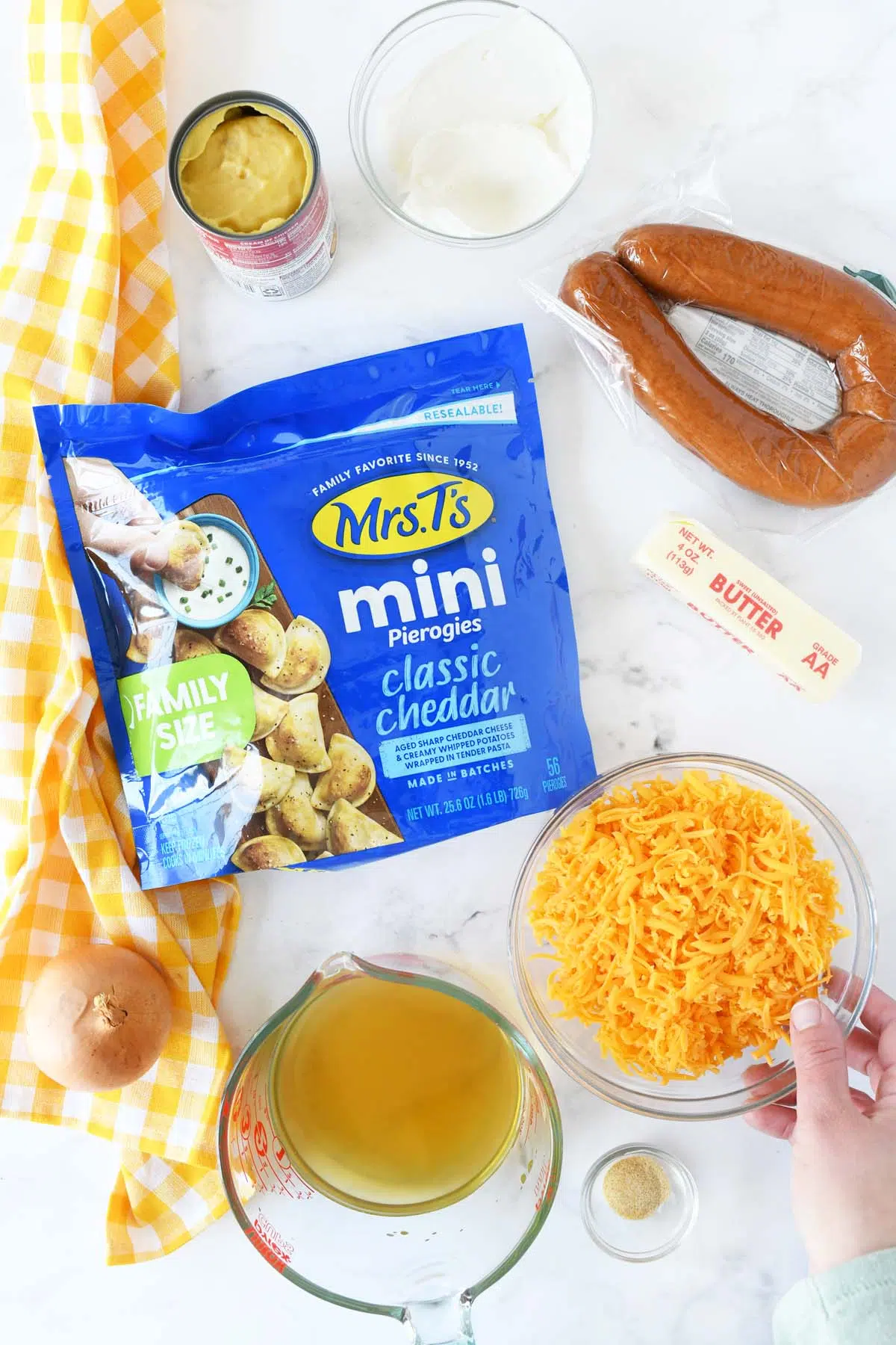 Slow cooker pierogis ingredients on a table.