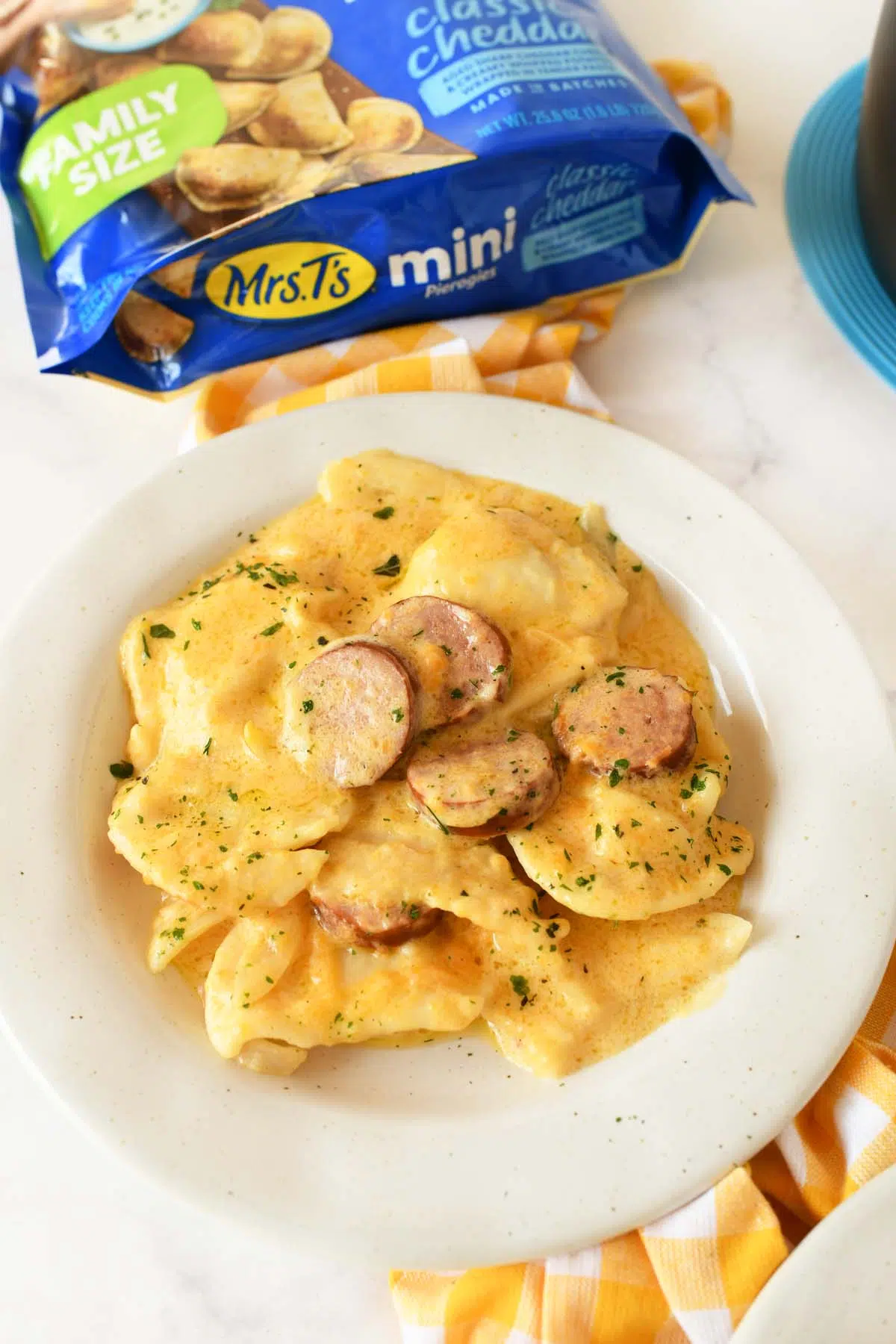 Pierogi casserole on a white dish.