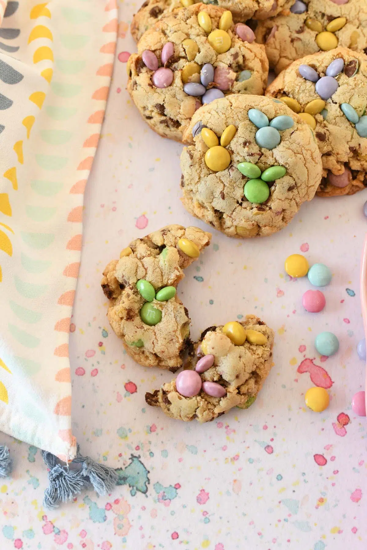 Thick Cookies with pastel M&ms shaped like bunnies.