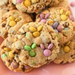 M&Ms shaped like a bunny on thick chocolate chip cookies.