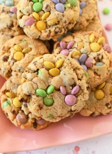 M&Ms shaped like a bunny on thick chocolate chip cookies.
